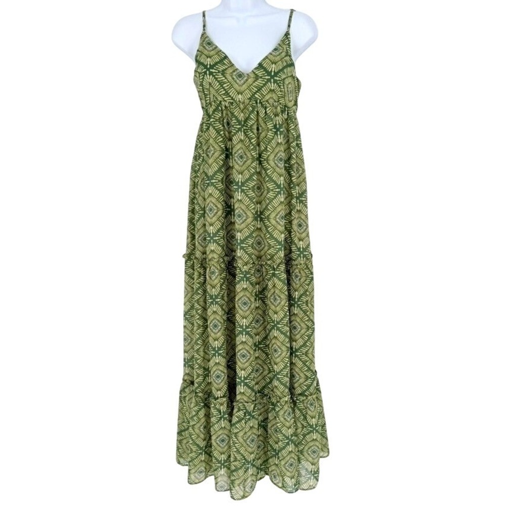 F21 Women Green Tribal Diamond Print Tiered Empire Maxi Dress Boho Flowy S